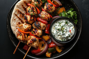 Chicken souvlaki skewers with grilled peppers and onions, served with pita bread and tzatziki sauce
