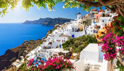 Fototapeta premium Coastal View of Santorini with Colorful Flowers