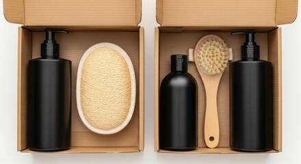 Two open cardboard boxes filled with black bottles and bath accessories on a white background