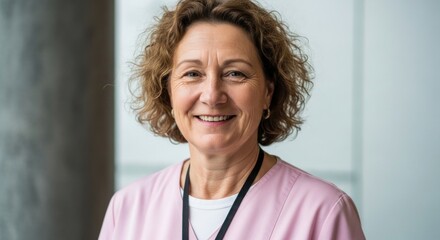Close up of a smiling woman with curly hair wearing a pink scrub top and a black lanyard around her neck