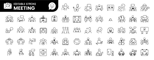 Fototapeta premium A comprehensive collection of editable stroke meeting and communication-themed line icons, featuring people in discussions, video calls, presentations, teamwork, and collaboration, all in a clean, min