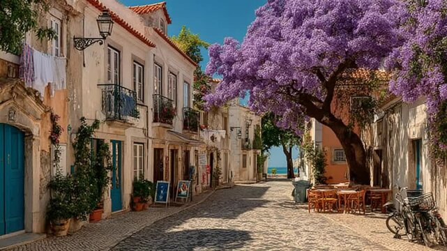 Charming Lisbon street with Jacaranda trees in full bloom on a sunny day