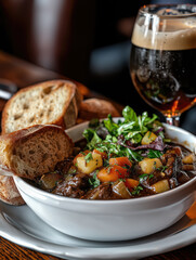 Hearty beef stew served with root vegetables and dark beer