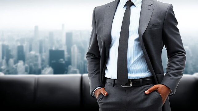 Businessman in a suit standing confidently in an office with a city skyline background