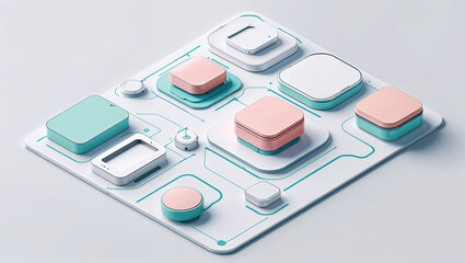 Isometric 3d illustration of abstract digital technology components and circuit connections