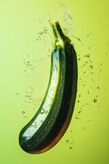 Fresh zucchini splashes into water creating dynamic droplets