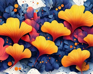 Stylized Ginkgo leaves, colored yellow and orange, appear with blue and red foliage. Small orange dots and white cloud-like shapes complete the patterned, abstract arrangement