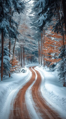 Snowy winter road winding through a forest with colorful leaves in the background