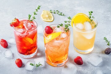 Three refreshing summer cocktails garnished with fruit and thyme.