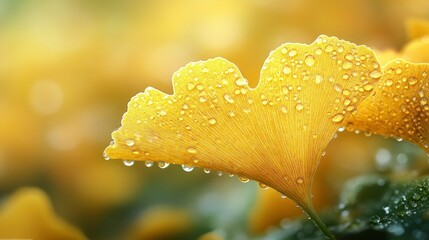 A close-up shows a vibrant yellow Ginkgo leaf with water droplets sparkling on its surface. Other Ginkgo leaves are out of focus in the background, bathed in warm light