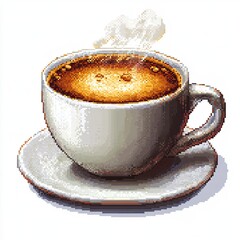 A steaming cup of fresh coffee sits on a small saucer. The cup appears white, with a dark brown liquid inside. The style resembles 8-bit art or pixel art