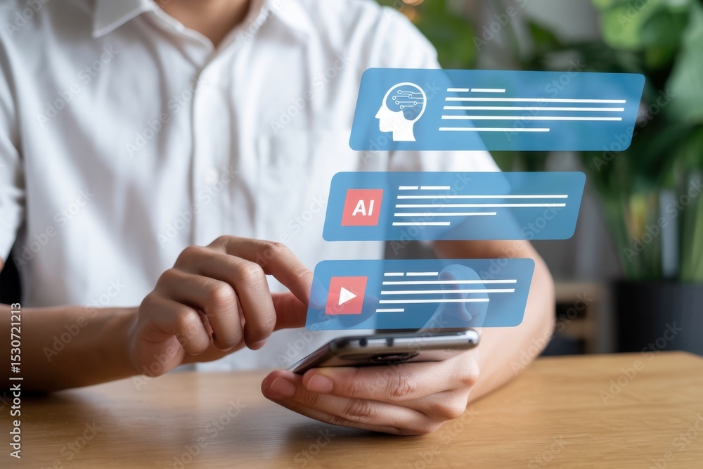 Poster smartphone display shows interactive elements related to artificial intelligence.