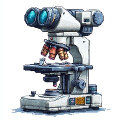 A digital illustration showcases a retro pixelated microscope. The microscope is white with various lenses and knobs. A small vial sits on the stage, ready for examination