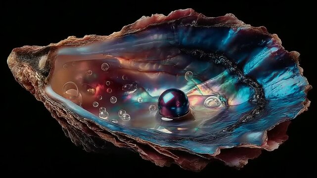 A vibrant, iridescent oyster shell showcasing a colorful pearl and bubbles, set against a dark backdrop