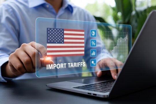 Person interacting with a digital interface displaying import tariffs. - Powered by Adobe