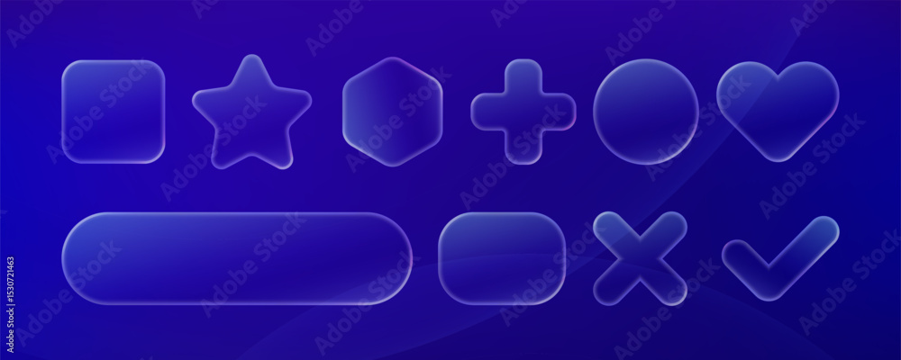 Poster glassmorphism ui shapes and buttons on a blue background