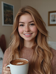Young woman enjoys warm drink in cozy setting during winter