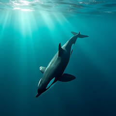 Ultra realistic aerial view of orca whales swimming peacefully in shallow turquoise waters with sunlight beams penetrating the surface