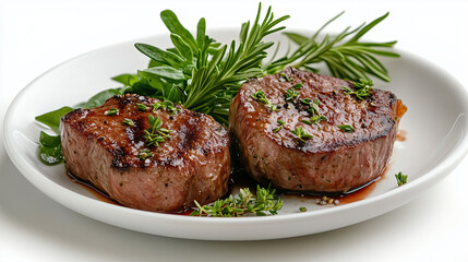 Juicy steak served on white plate, garnished with fresh herbs like rosemary and thyme, creating mouthwatering presentation