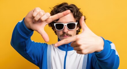 A man with curly hair and a mustache wearing sunglasses makes a frame with his hands on a yellow background