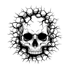 A skull bursts from a cracked stone wall isolated on transparent background
