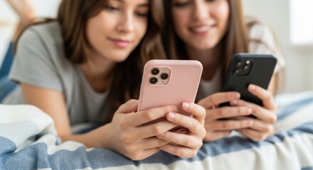 Two young women lying on a bed using smartphones with a pink and black phone case in a bedroom setting