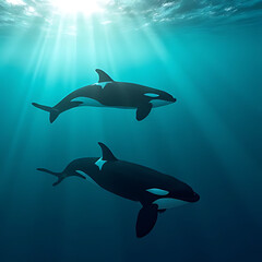 Fototapeta premium Ultra realistic aerial view of orca whales swimming peacefully in shallow turquoise waters with sunlight beams penetrating the surface