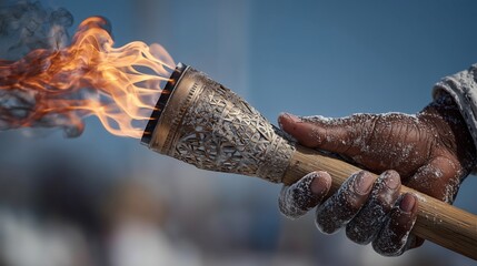 Flame dances atop ornate torch held in snowy landscape during winter celebration in early morning light