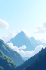 Peaceful mountaintop scenery in digital illustration style, clouds surrounding the peaks, subtle lighting