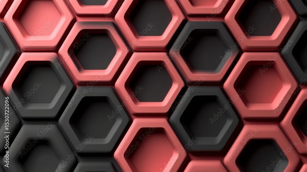 Poster futuristic honeycomb structure with dark geometric shapes and red accents in 3d rendering design