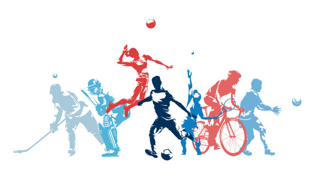 Sports, group of sports athletes. Set of active people, players, isolated vector silhouettes, hockey, cricket, volleyball, soccer, tennis, cycling, rugby. Men and women