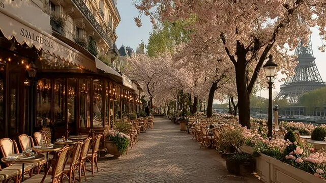Charming Paris Cafe Terrace with Blossoming Trees and Eiffel Tower View in Springtime