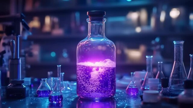 A vibrant laboratory scene featuring a glowing potion in a glass bottle surrounded by various lab equipment