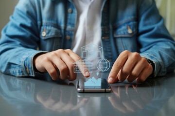 Person interacting with a smartphone displaying virtual design elements.