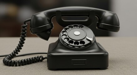 A close up shot of an old fashioned black rotary dial telephone sitting on a beige surface indoors