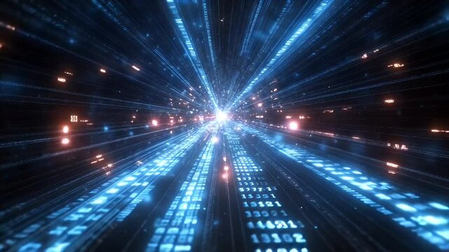 Blue digital data streams converge to a bright vanishing point in a dark background