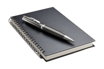 Elegant composition showcasing a pen resting on a sleek, black, spiral-bound notebook