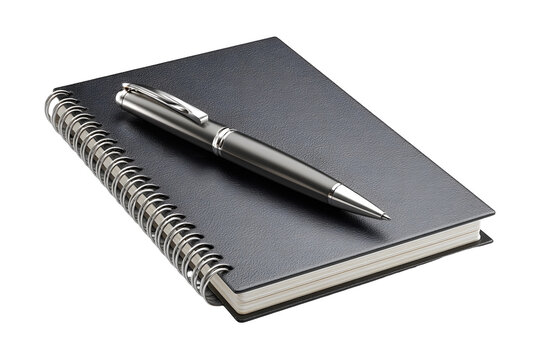 Elegant composition showcasing a pen resting on a sleek, black, spiral-bound notebook