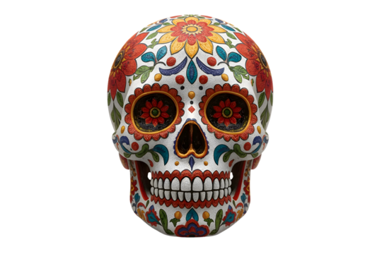 Colorful skull adorned with floral and geometric patterns