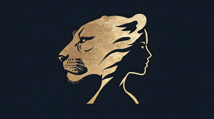 gıolden side profile icon of a panther's head fused with a female face. Concept : themes like feminine power, wildlife symbolism, personal identity, logo and brand design, empowerment, elegance in st