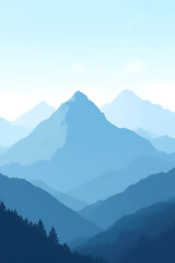 Peaceful mountaintop scenery in digital illustration style, clouds surrounding the peaks, subtle lighting