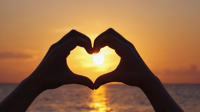 Two hands forming a heart shape against a sunset over the ocean. The sun is setting on the horizon, casting warm colors in the sky.