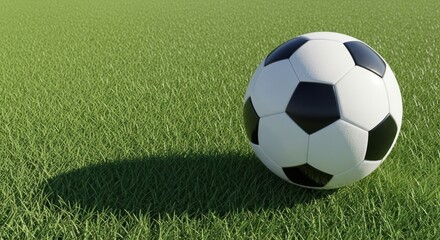 A soccer ball with black and white patches sitting on a field of green grass in the sunlight day time