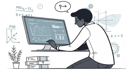 Stick Figure Man Working on Computer with Mathematical Diagrams - Powered by Adobe