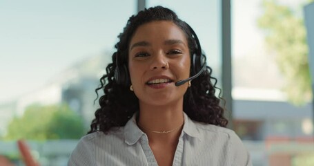 Inquiry, headset and face of woman in call center for communication, feedback or support. Virtual assistant, contact us or portrait of happy agent in workplace for customer service help or talk - Powered by Adobe