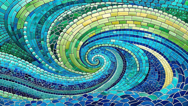 abstract background with blue, green and yellow mosaic tiles on the wall