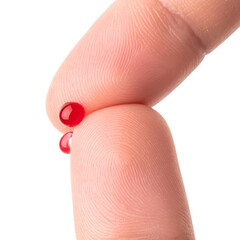 Fototapeta premium Blood drop on fingertip prepare for checking the glucose level with a glucometer for examine Isolated on Transparent or White Background