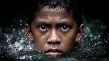 Fototapeta premium Intense close-up of a young boy's face emerging from water with a serious expression