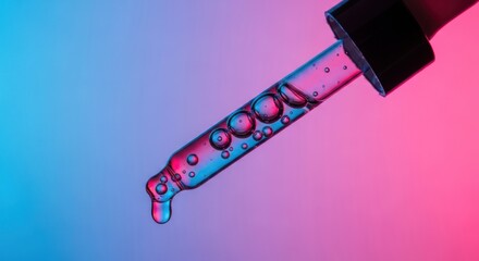 Close up of a dropper filled with liquid and bubbles against a gradient pink and blue background