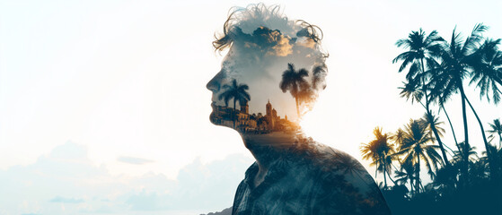 head of holiday maker filled with tropical paradise scene; concept of summer travel, exotic destination; white background